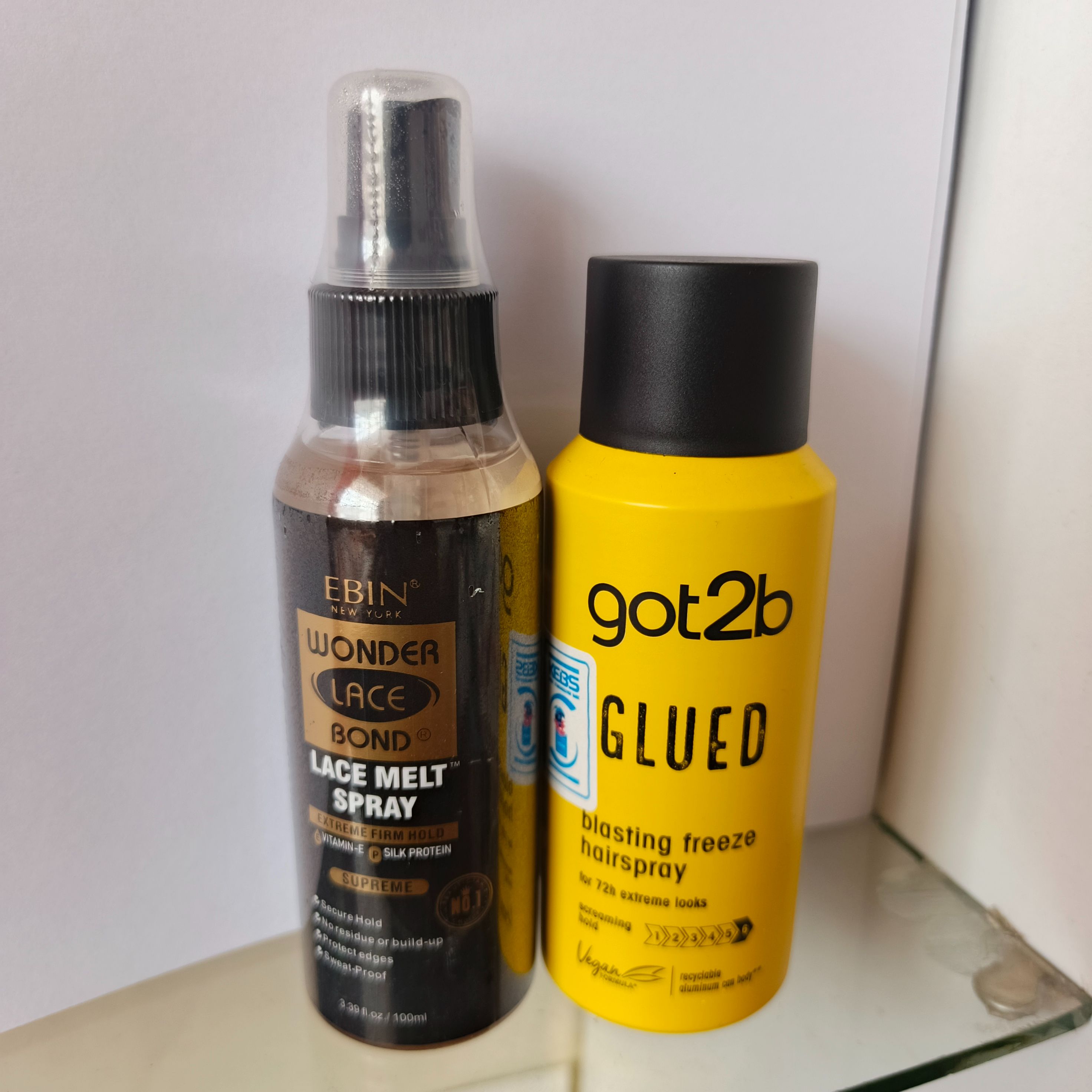 Got2B glue blasting freeze hairspray + Ebin Lace melting spray