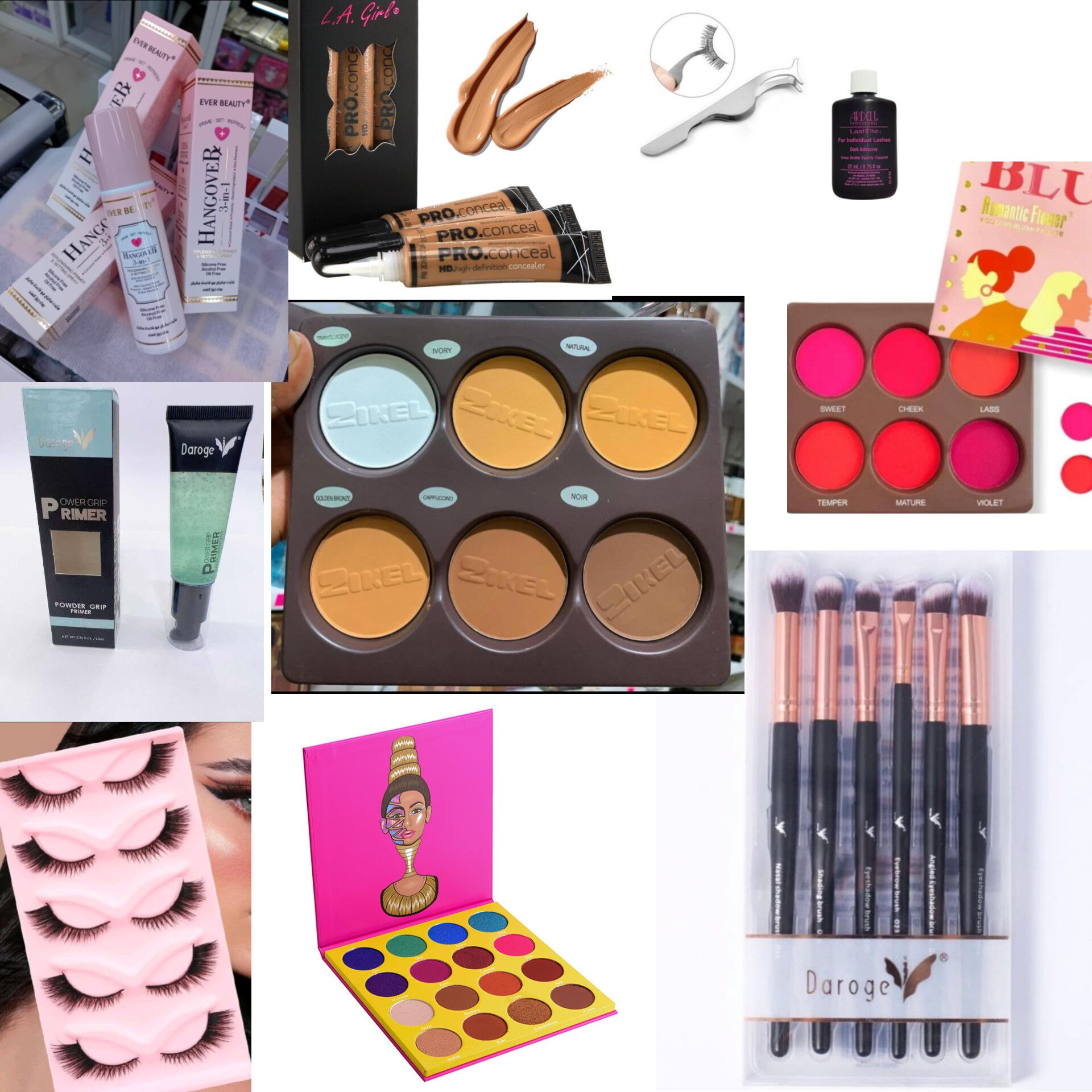 Full makeup kit SET include -- 3 in 1 setting spray, 3pcs Concealer, Lash applicator, Lash glue, blush palette, primer, Contour palette, 5pcs Eyelashes, Eyeshadow palette, makeup brushes