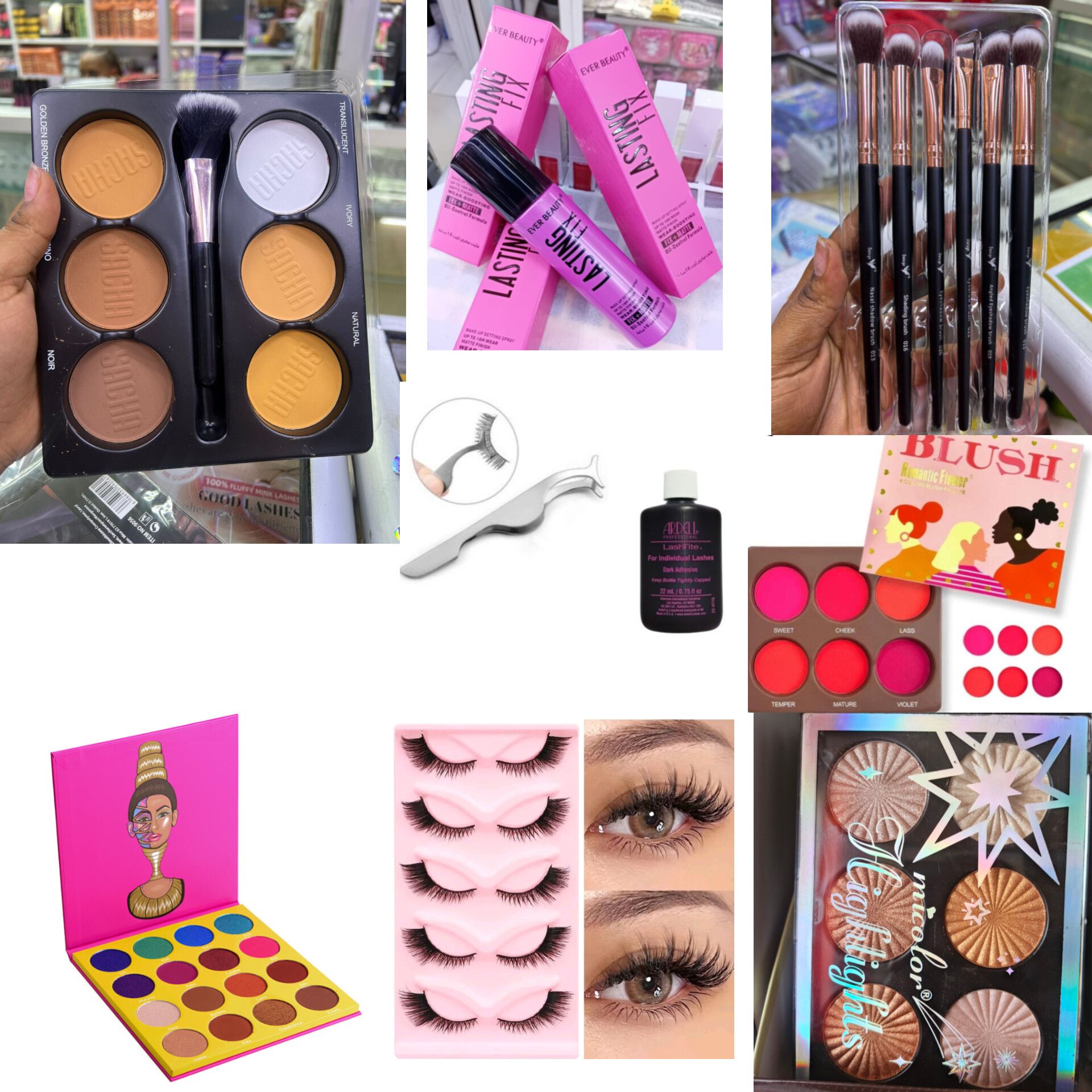 Makeup kit SET women include -- Contour palette, Lasting fix setting spray, makeup brushes , Eyeshadow palette, 5pcs Eyelashes, micolor Highligter, blush palette, Lash applicator , Lash glue,