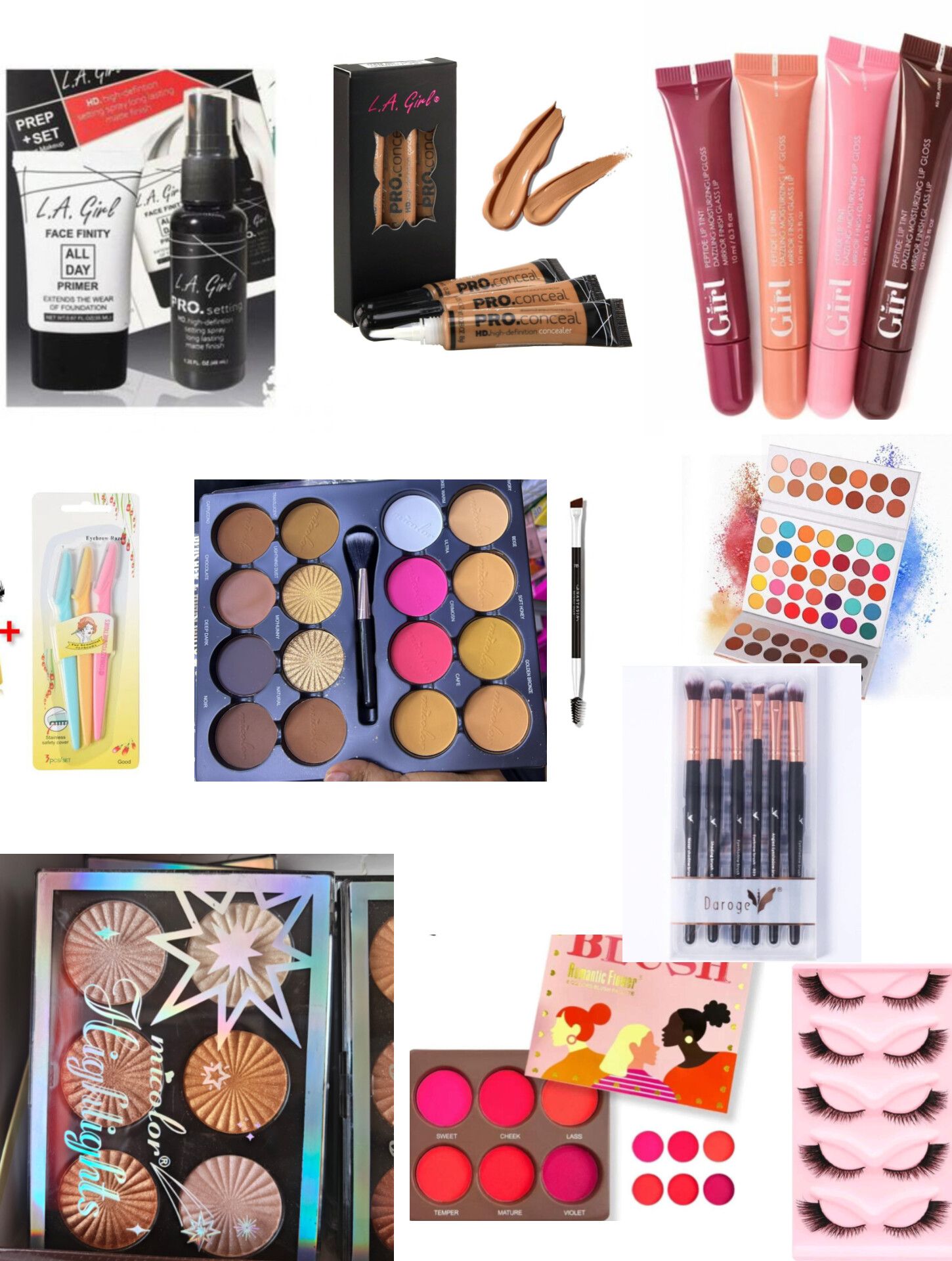 FULL makeup kit SET - Eyelashes, makeup brushes, Eyeshadow palette, 4pcs Lip gloss, 3pcs concealer, makeup primer, setting spray, Eyebrow trimmer, micolor contour palette, eyebrow brush, highligter,
