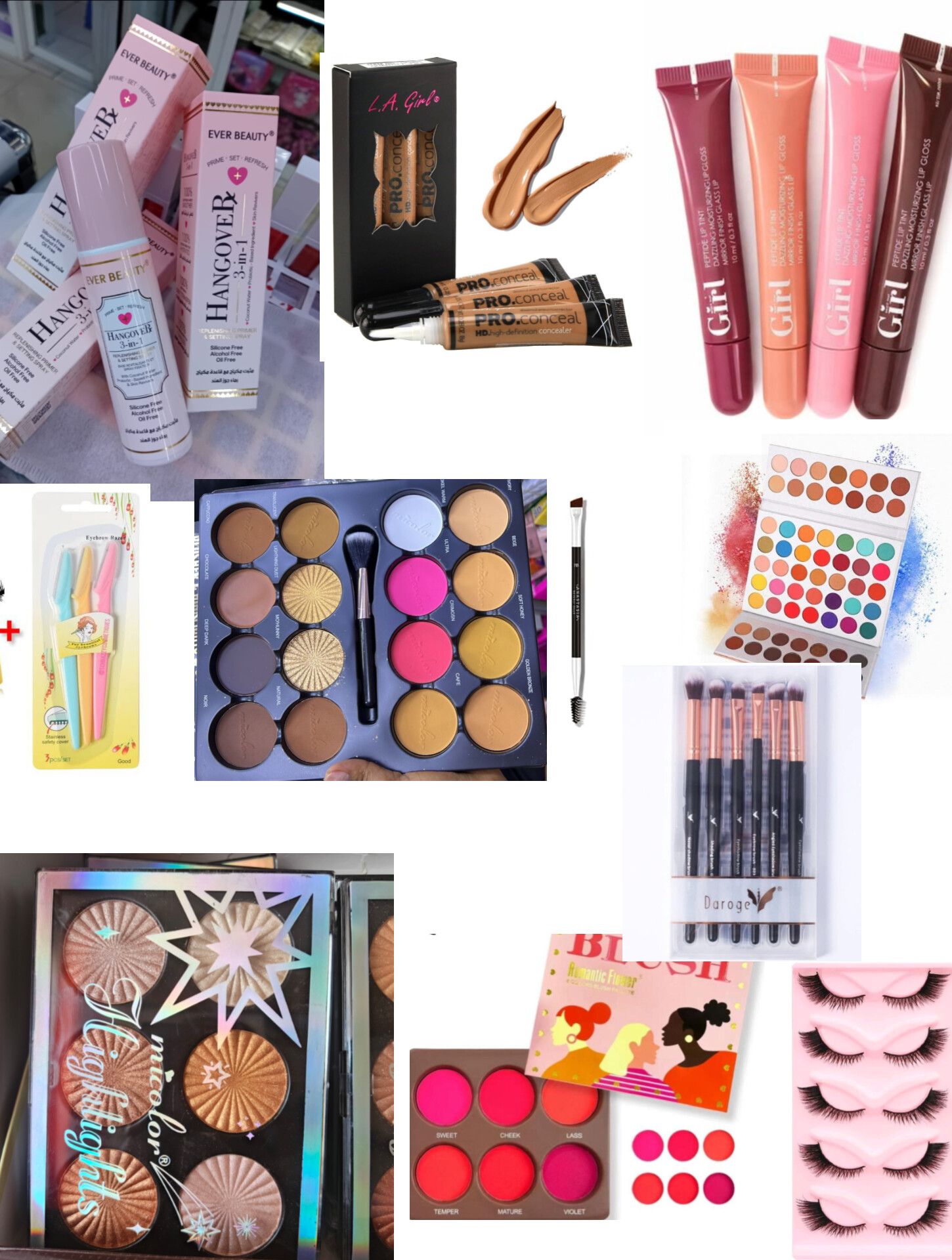 Women makeup kit SET -micolor contour palette, Eyebrow trimmer, Eyebrow brush, Eyeshadow palette, 4pcs Lip gloss, makeup brushes, highligter palette, blush palette, Eyelashes, makeup setting spray,