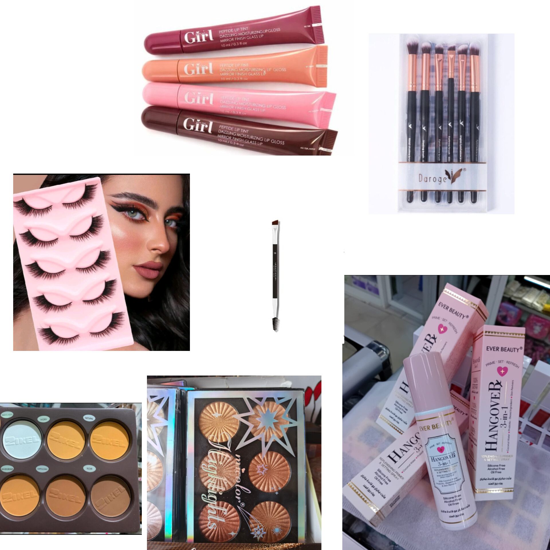 Begginer makeup kit set include - 4pcs Lip gloss, makeup brushes, Eyelashes, Eyebrow brush, makeup setting spray, contour palette, Highligter palette, mascara, Eyeliner