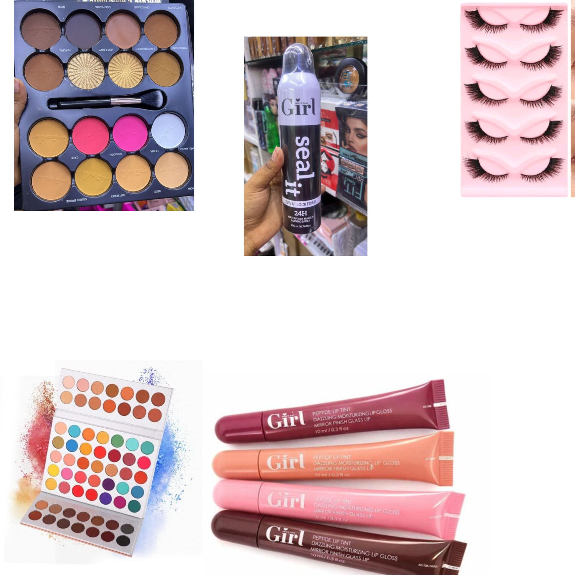 Women makeup kit set - micolor contour palette, Eyeshadow palette, 4pcs Lip gloss, Eyelashes, Girl sweat lock makeup setting spray