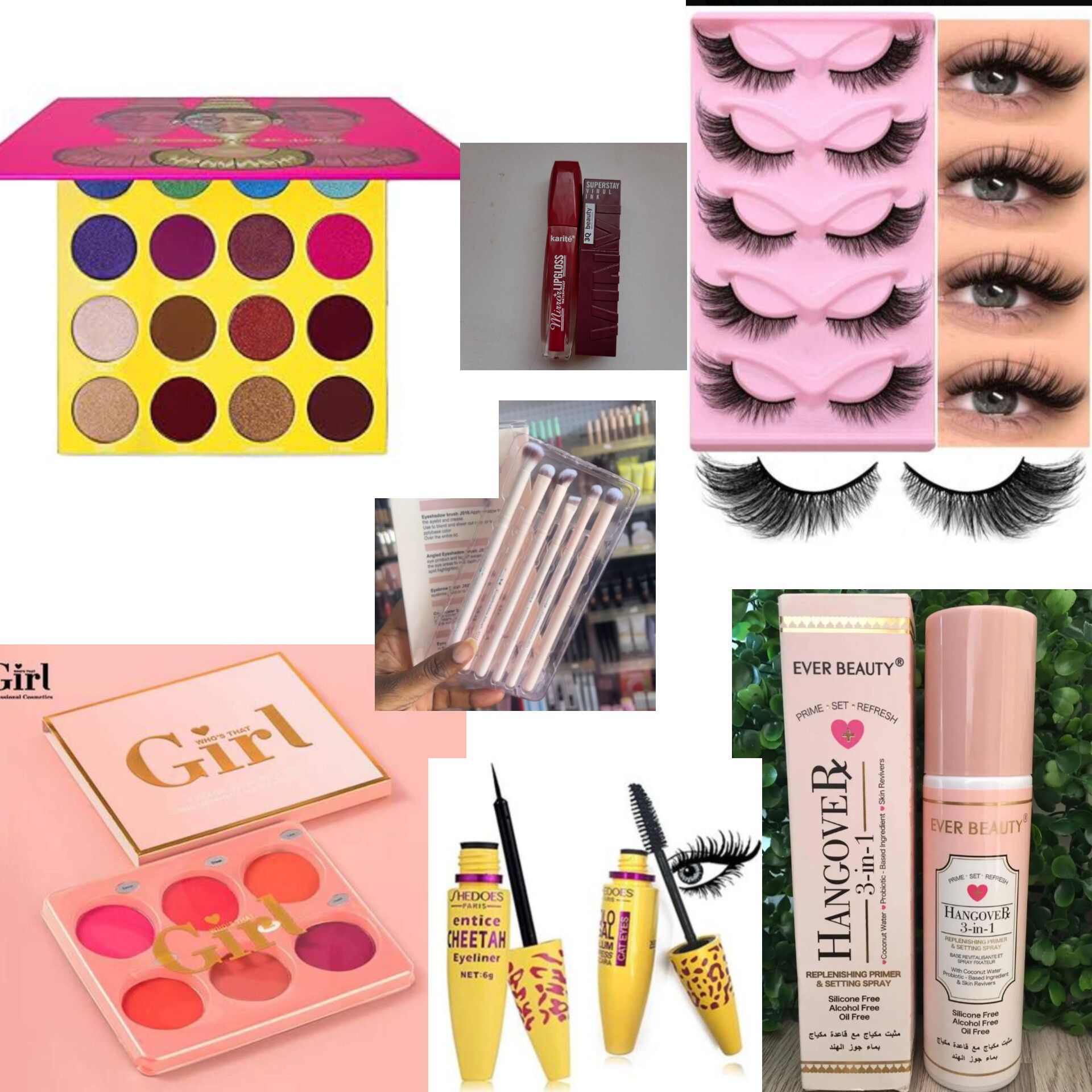 Women Makeup Essential set -Juvias Eyeshadow palette, 2pcs Lipstick, 5pcs Eyelashes, Eyeshadow brushes, Blush palette, Mascara, Eyeliner, Hangover setting spray + FREE Makeup bag