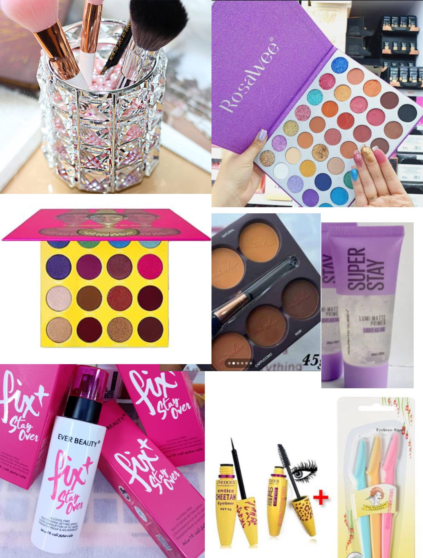 Full Makeup kit set include- Juvias Eyeshadow palette,  Crystal makeup organizer, Contour palette, makeup primer, Makeup setting spray, Mascara, Eyeliner, Eyebrow trimmer, Eyeshadow palette + Makeup B