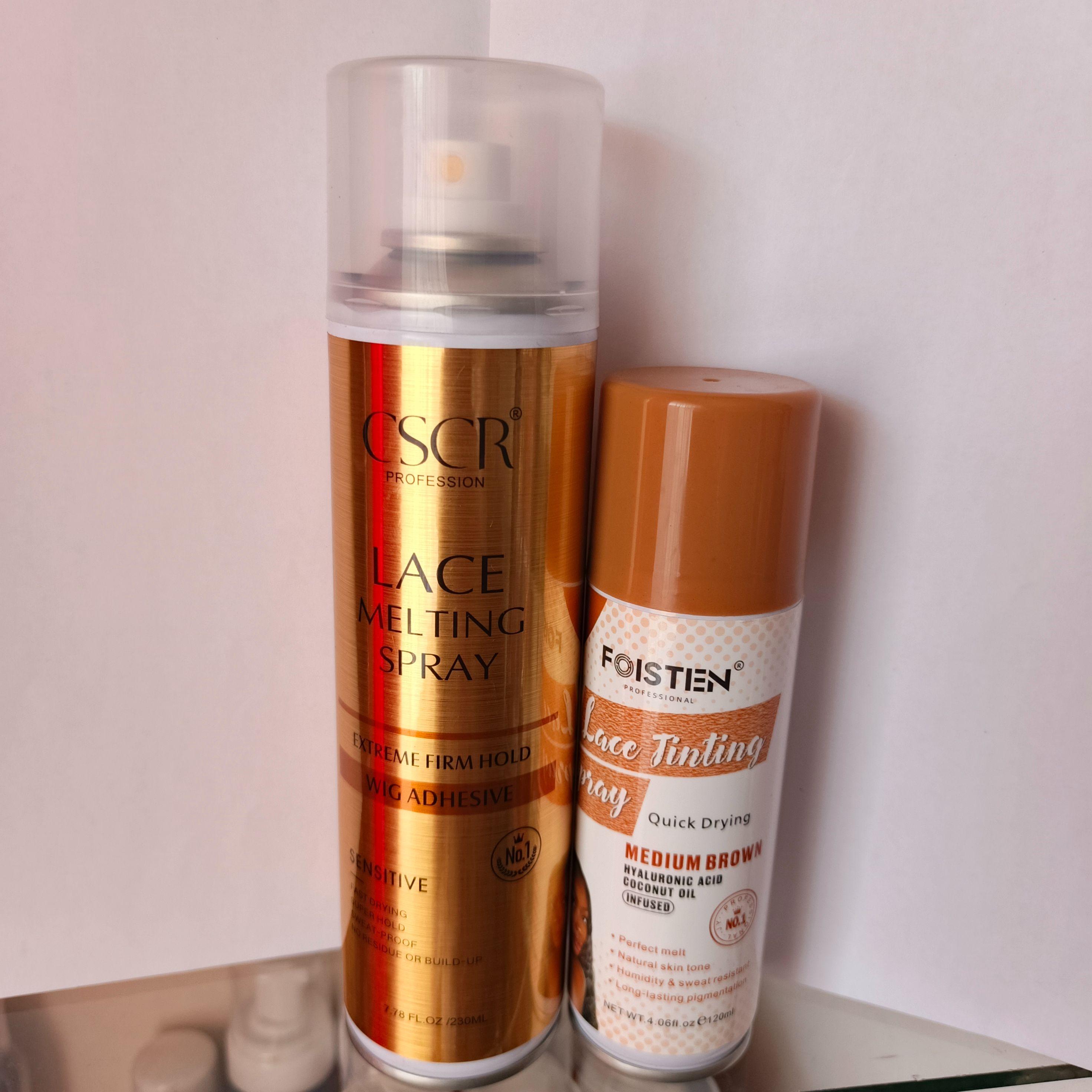 CSCR  Lace Melting Spray Extreme Lace Firm Hold Wig Adhesive  + FREE foisten Lace tinting spray quick Drying + Edge brush