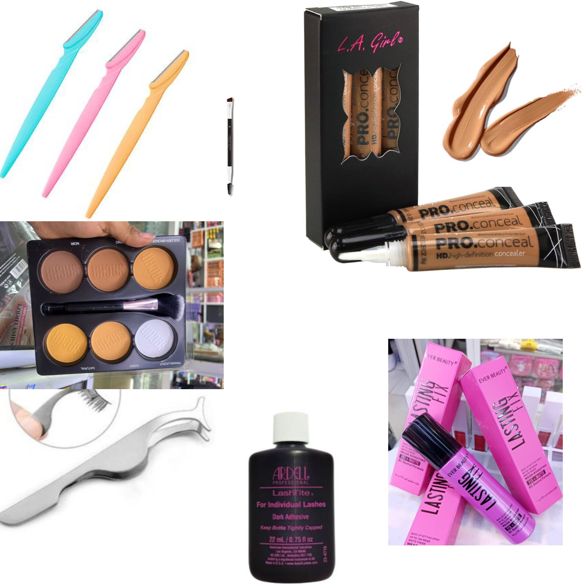 Begginer Women Makeup kit SET --- Trimmer, 3pcs Concealer, Eyebrow brush, Contour palette, Lash applicator, Lash  glue, Lasting Fix setting spray