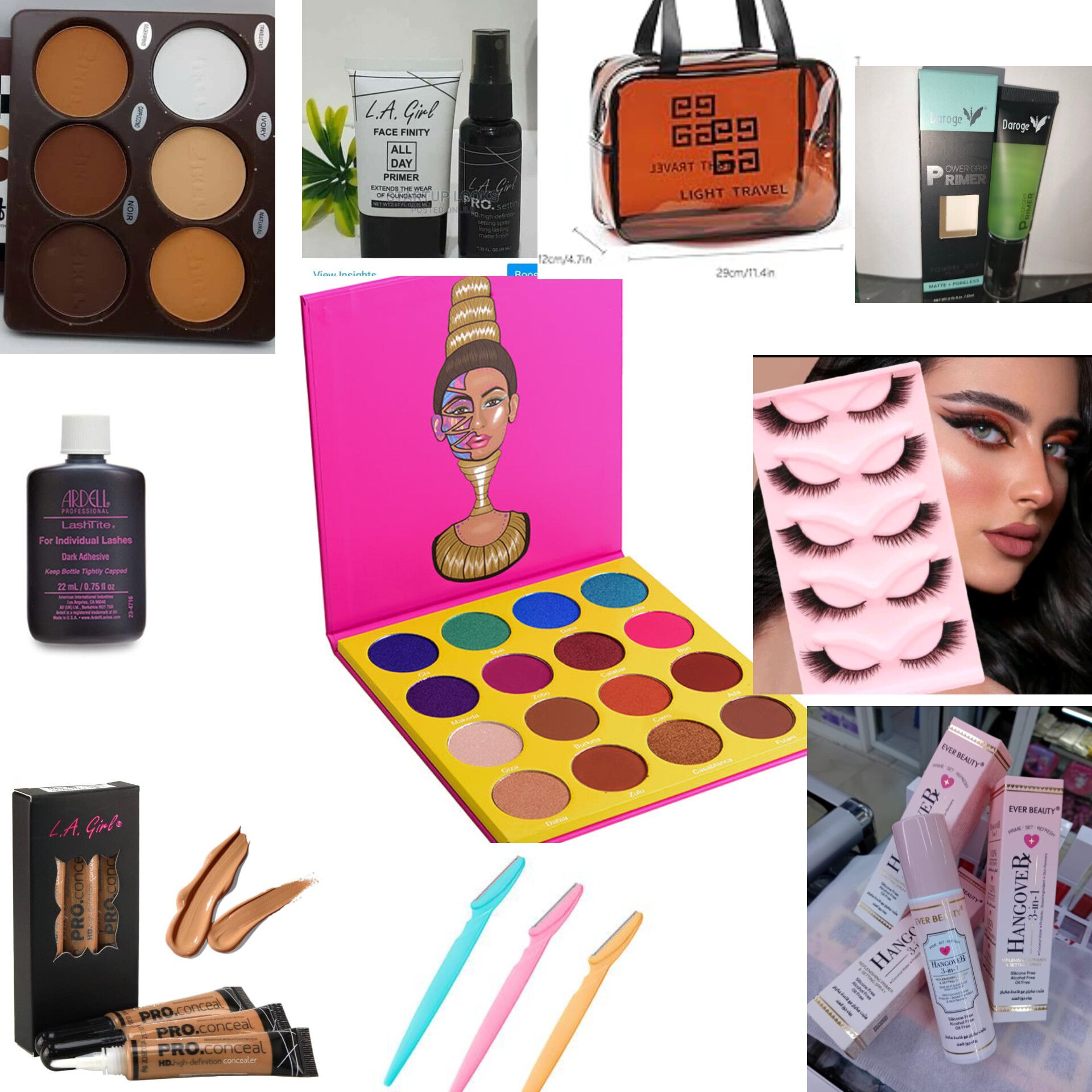 All - in - one women Make-up kit SET- Makeup primer, Eyeshadow palette, Contour palette, Lash glue, 3pcs Concealer, 5pcs Eyelashes, setting spray, Eyebrow trimmer + FREE Makeup  BAG