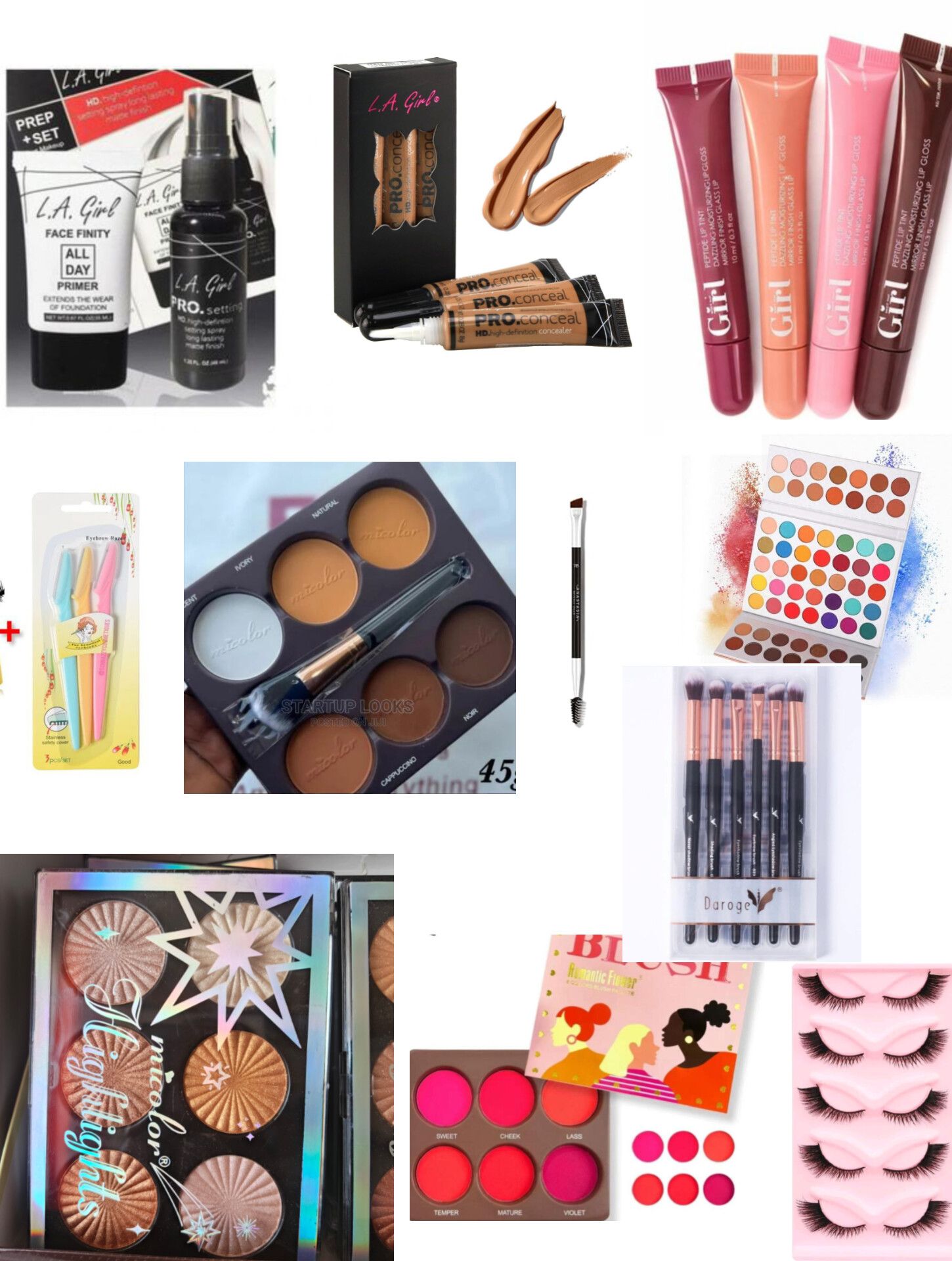 Makeup Kit SET include - sacha contour palette , 3pcs concealer, 4pcs Lip gloss, primer, setting spray, Eyebrow trimmer, Eyebrow brush, Eyeshadow palette, makeup brushes, highligter palette, blush