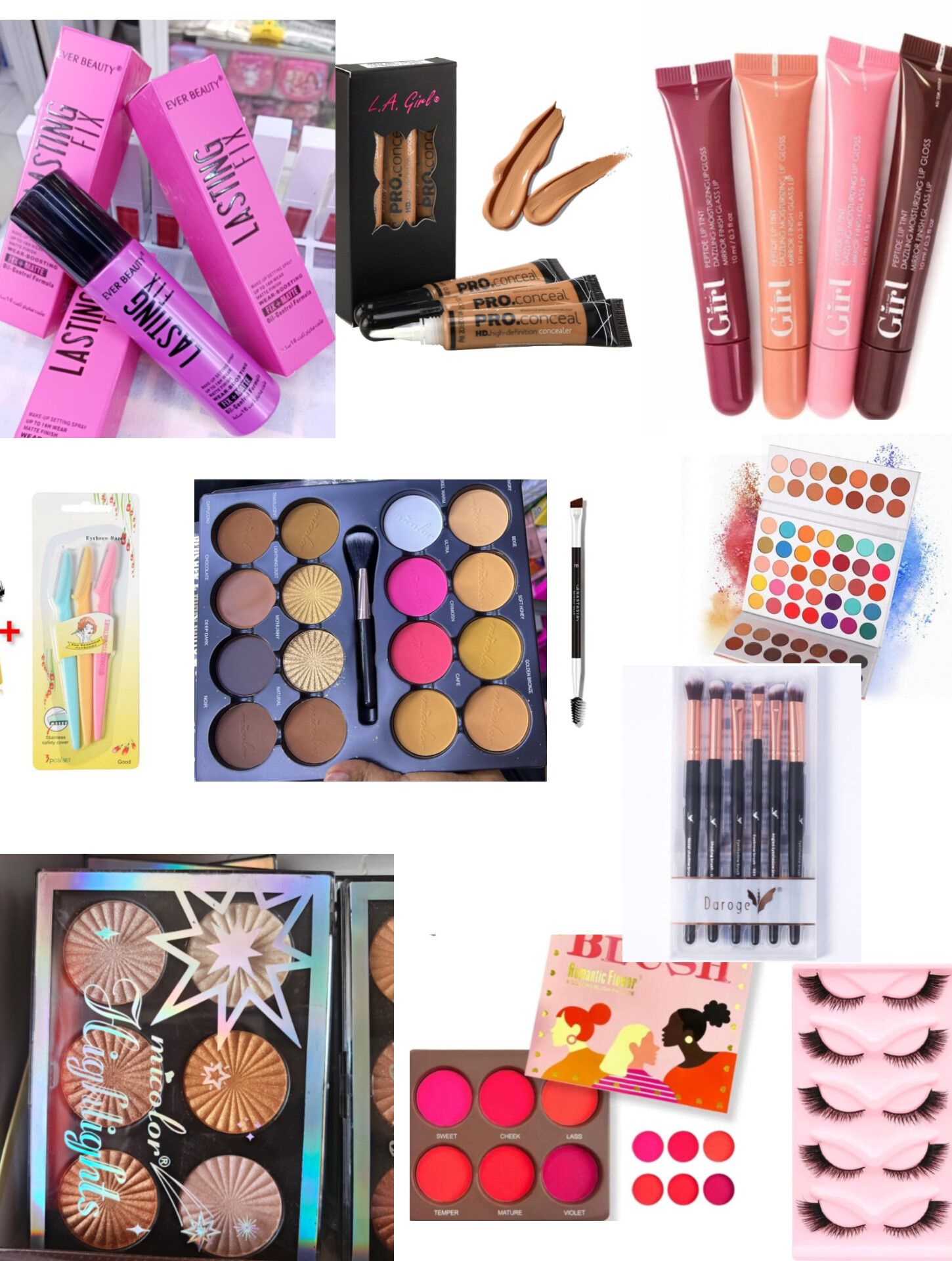 Full makeup kit SET -Lasting fix - it setting spray, 3pcs concealer , 4pcs Lip gloss, Eyebrow trimmer, micolor contour palette , Eyebrow brush, Eyeshadow palette, makeup brushes, Highligter palette,