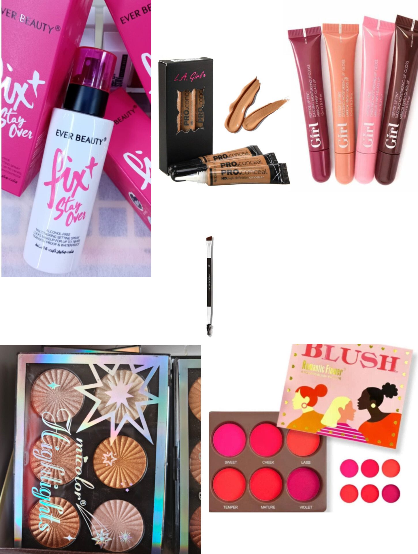Full makeup kit SET - Fix-it setting spray, 3pcs concealer, 4pcs Lip gloss, Eyebrow brush, highligter palette, Blush palette, mascara, Eyeliner