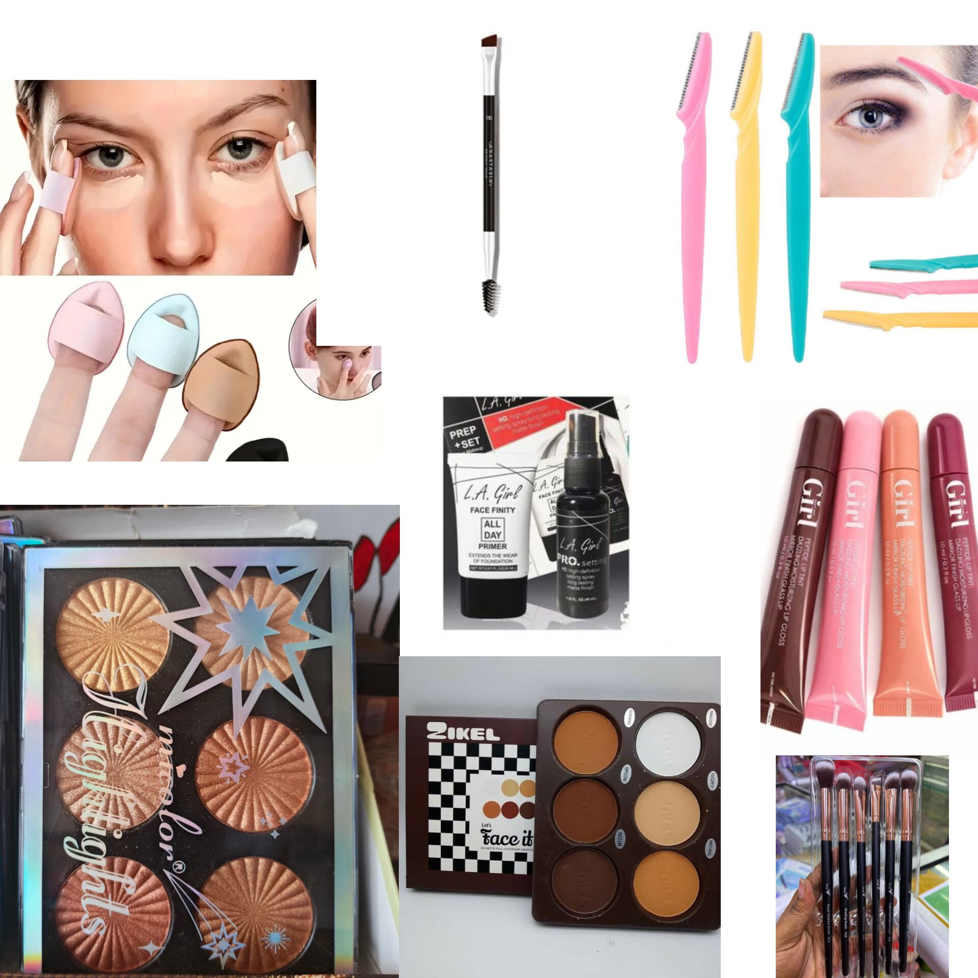 Begginer makeup kit SET - Highligter palette, contour palette,  makeup brushes, 4pcs Lip gloss, makeup primer, setting spray, Eyebrow trimmer, Eyebrow brush, powder puff, mascara, Eyeliner