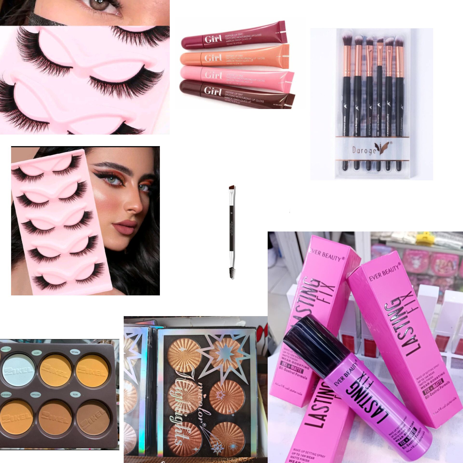 Women makeup kit SET - Eyelashes, 4pcs Lip gloss, makeup brushes, Eyebrow brush, Contour palette, Highligter palette, makeup setting spray, mascara, Eyeliner