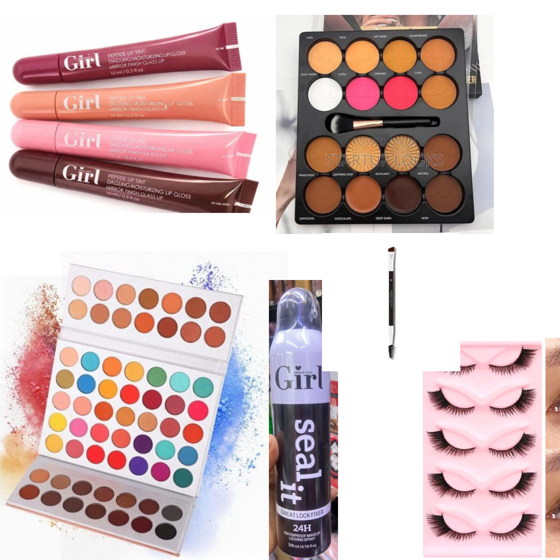 Begginer makeup kit SET -4pcs Lip gloss, micolor contour palette, Eyeshadow palette , Girl sweat lock setting spray, Eyebrow brush, Eyelashes, mascara, Eyeliner