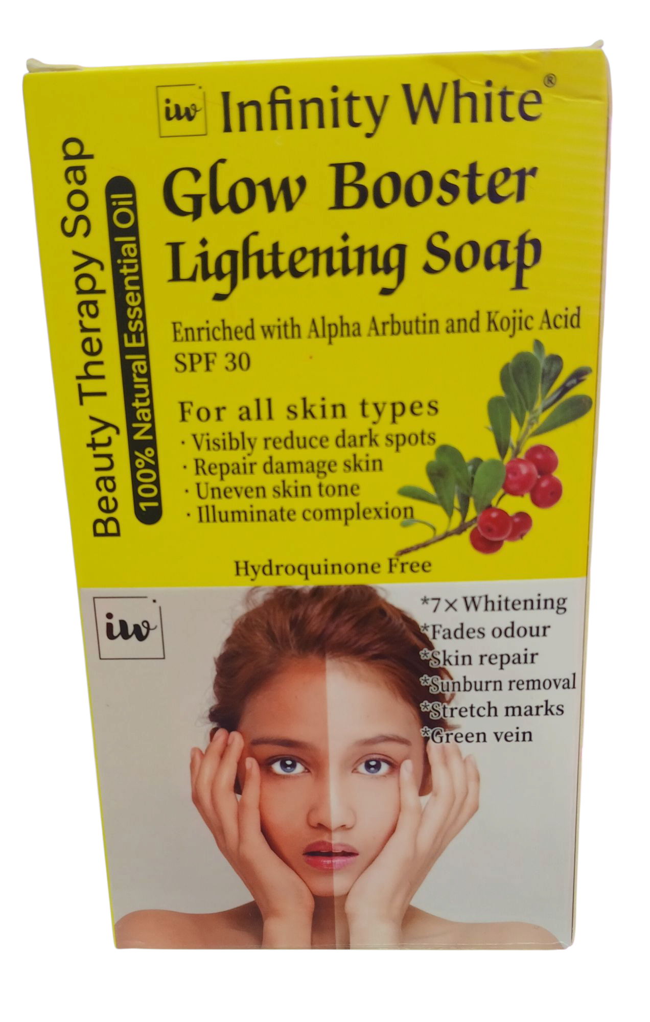 Glow Booster Lightening Soap - Enriched with Alpha Arbutin & Kojic Acid SPF 30 - Sunburn Removal, Stretch Marks, Green Vein, Skin Repair, Fades Odor