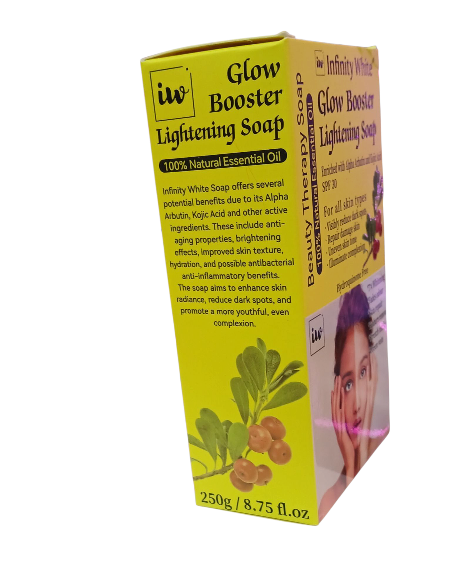Glow Booster Lightening Soap - Enriched with Alpha Arbutin & Kojic Acid SPF 30 - Sunburn Removal, Stretch Marks, Green Vein, Skin Repair, Fades Odor