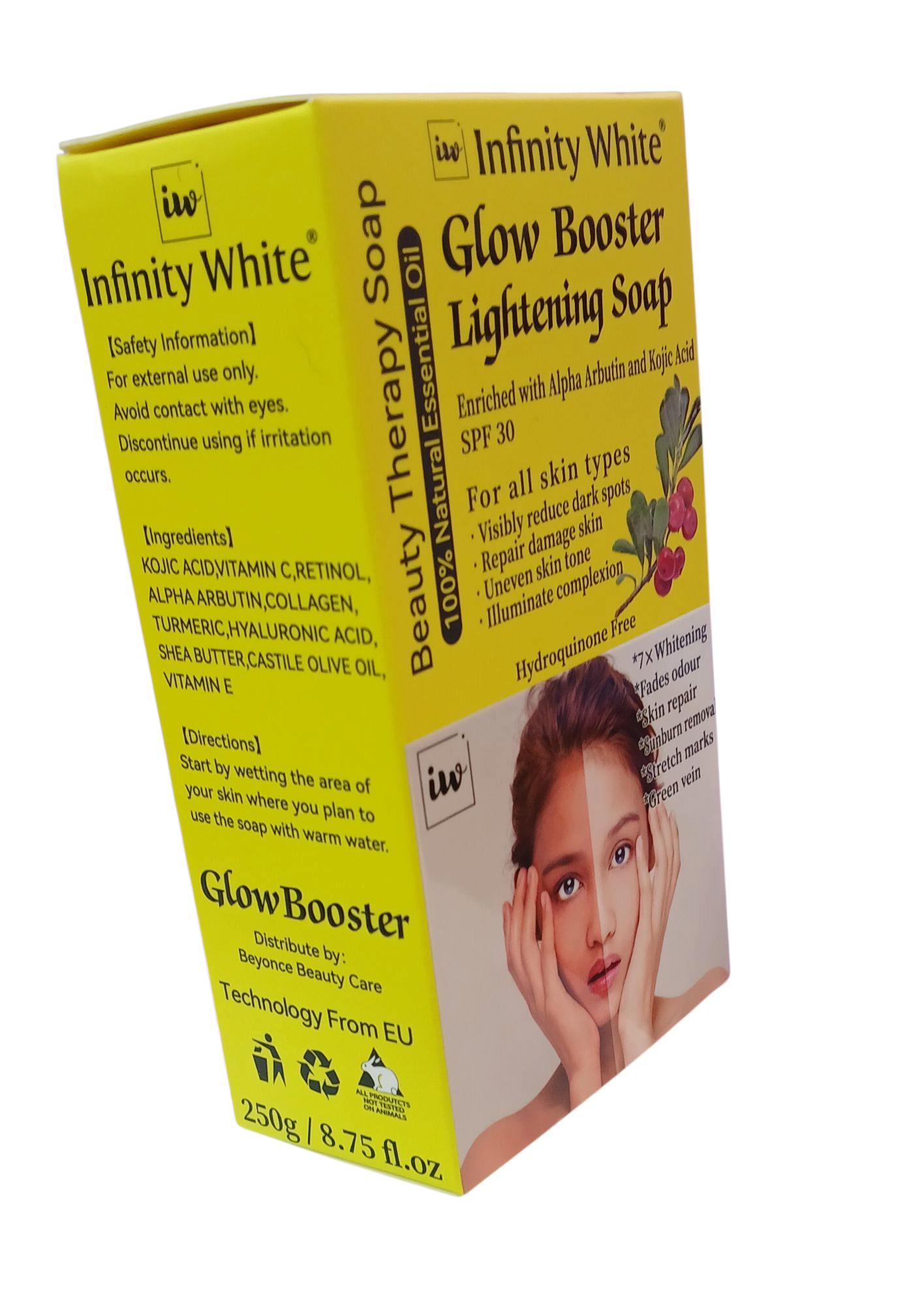 Glow Booster Lightening Soap - Enriched with Alpha Arbutin & Kojic Acid SPF 30 - Sunburn Removal, Stretch Marks, Green Vein, Skin Repair, Fades Odor