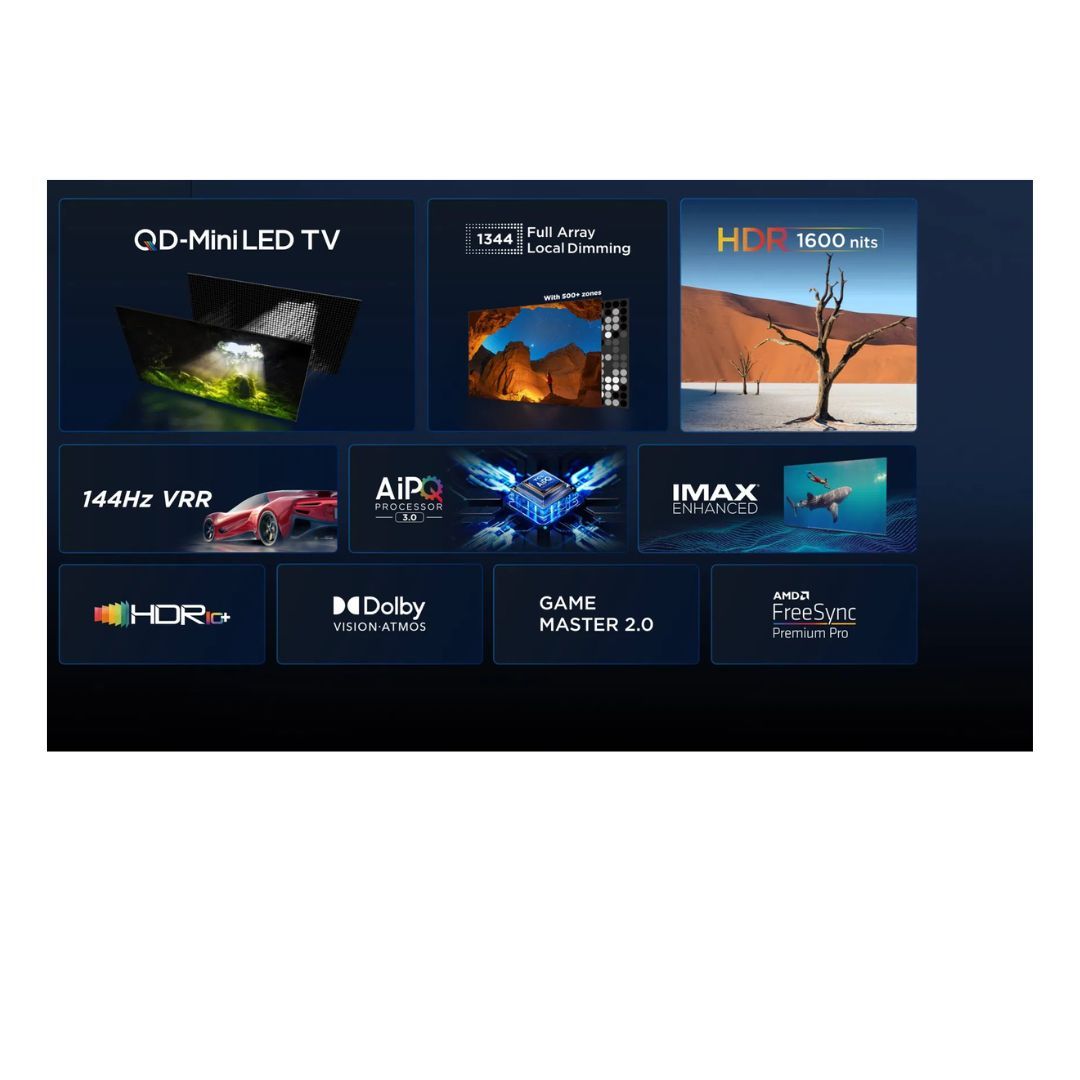 TCL C755 65 inch QD-Mini LED 4K TV| · HDR 1600 nits| 144Hz VRR| AiPQ PROCESSOR 3.0| IMAX Enhanced| HDR 10+| Dolby Vision · Atmos
