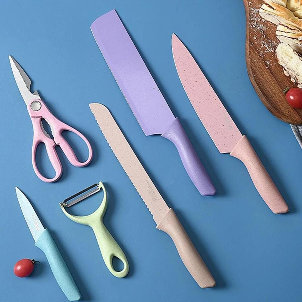 Macaroon Colourful Straw Six Piece Knife Set Vegetable Knife Meat Cutting Stainless Steel Gift Box Knife Set Colorful Kitchen Knives Set of 6 PCS Professional Carbon Stainless Steel useful gift pack