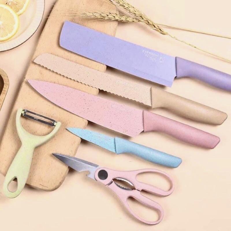 Macaroon Colourful Straw Six Piece Knife Set Vegetable Knife Meat Cutting Stainless Steel Gift Box Knife Set Colorful Kitchen Knives Set of 6 PCS Professional Carbon Stainless Steel useful gift pack