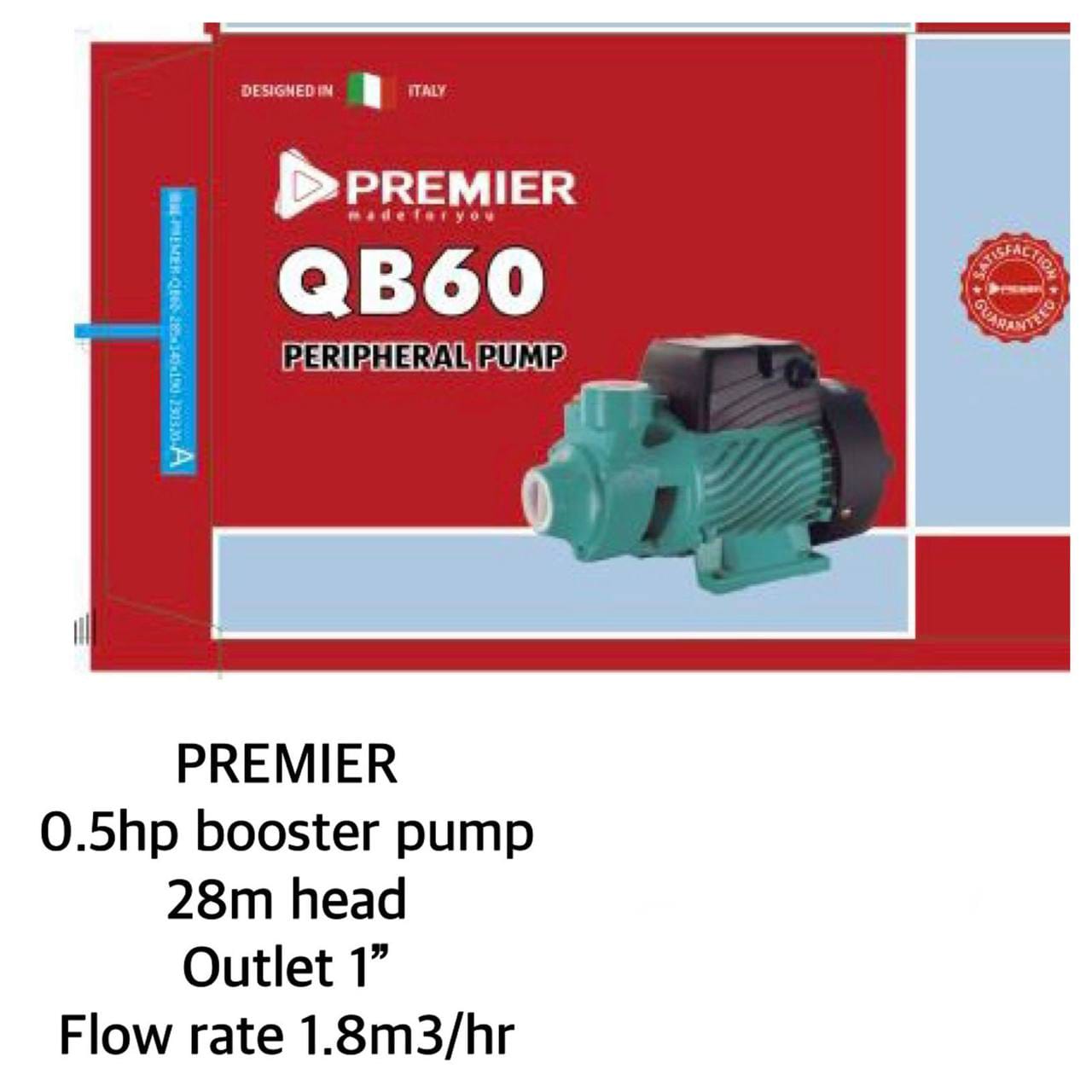 PREMIER 0.5hp boosters pump 28m head outlet 1" Flow rate 1.8m³/hr