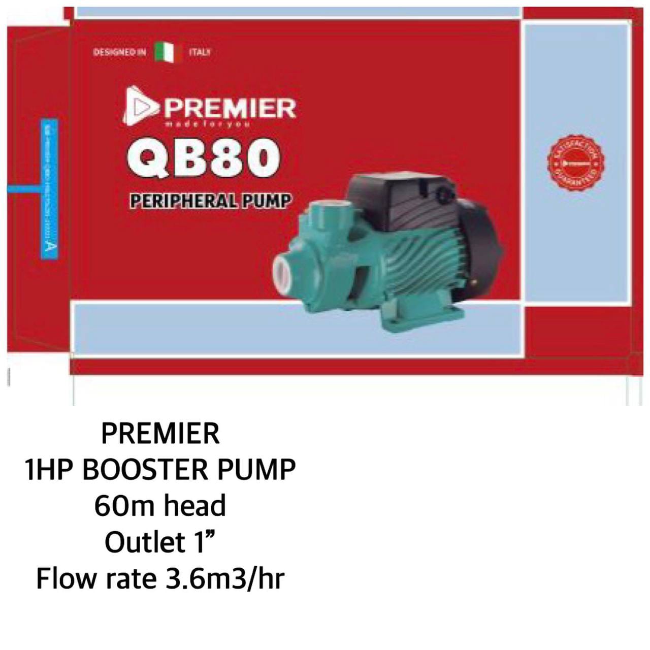 Premier 1HP Electric Booster Water Pump 60M Lift 1" Outlet 3.6m3/hr