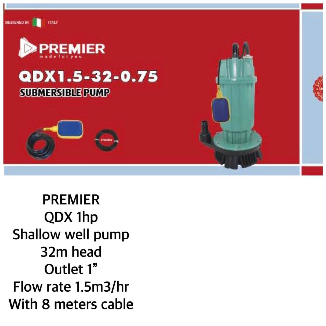 Premier 1HP Electric Submersible Water Pump 32M Lift