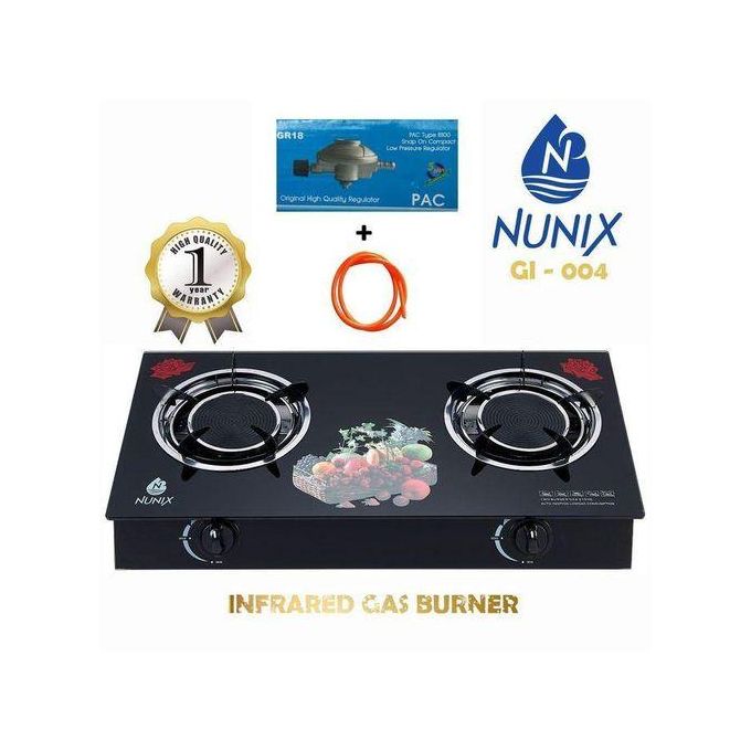 NUNIX GI004 ,2 Burner Infrared Glass Tampered Table Top, AUTO IGNATION Gas Cooker PLUS FREE 6kg Regulator and Pipe
