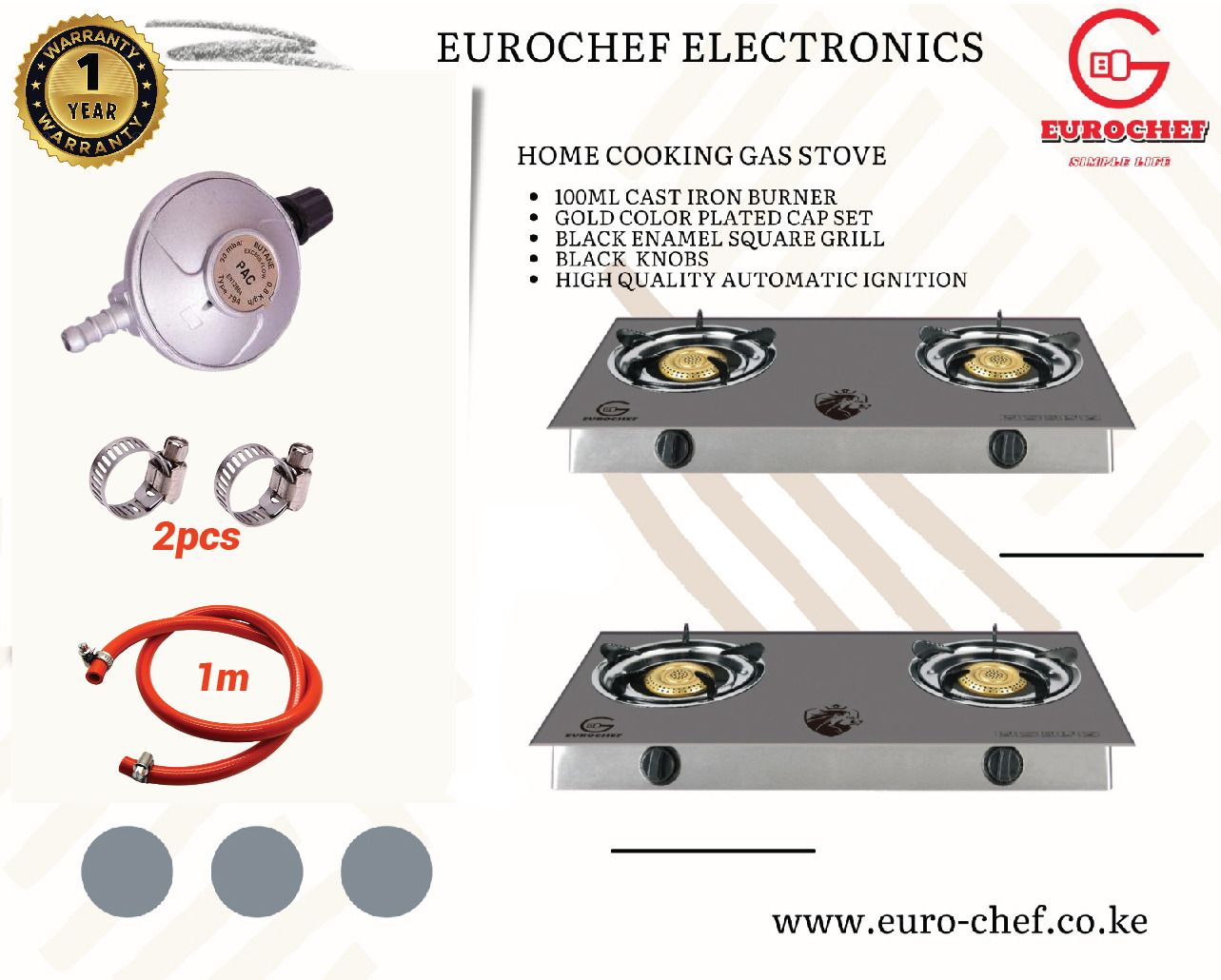 EUROCHEF 2 burner, Glass Top AUTO IGNATION Gas Cooker, PLUS FREE 6kg Regulator ,Gas Pipe and 2 Pipe Clips