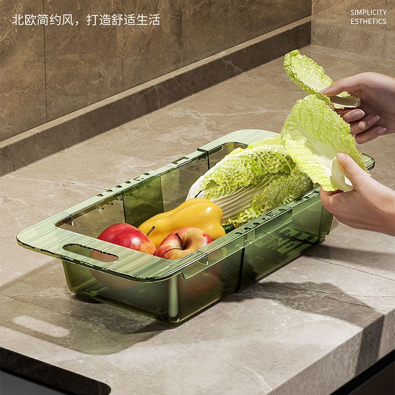 Multifunctional Acrylic Over-the-Sink Colander Drain Basket – Adjustable Length 36–46.5cm for Rinsing, Drying, and Storing Fruits, Vegetables, Utensils & More in Compact Kitchen Spaces