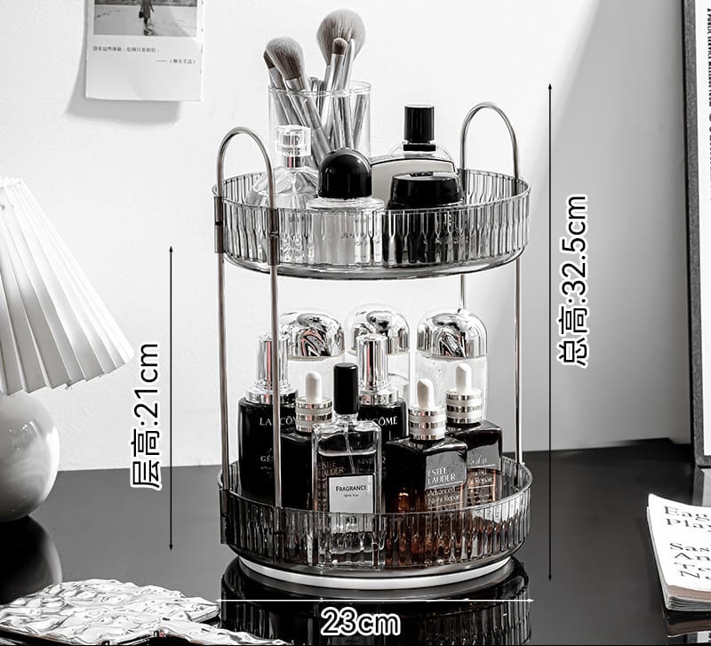 360° Rotating 2-Tier Transparent Makeup Organizer – Multifunctional Cosmetic Storage Box for Vanity, Skincare, Perfumes, Brushes – Stylish, Durable, Easy to Use and Clean