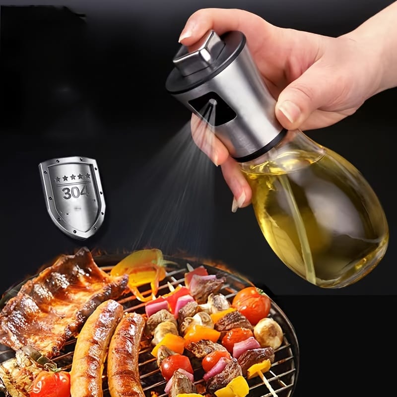 200ml Stainless Steel and Glass Oil Spray Bottle – Refillable Kitchen Sprayer for Cooking, Baking, BBQ, Air Fryer Use – Fine Mist Dispenser for Olive Oil, Vinegar, or Soy Sauce