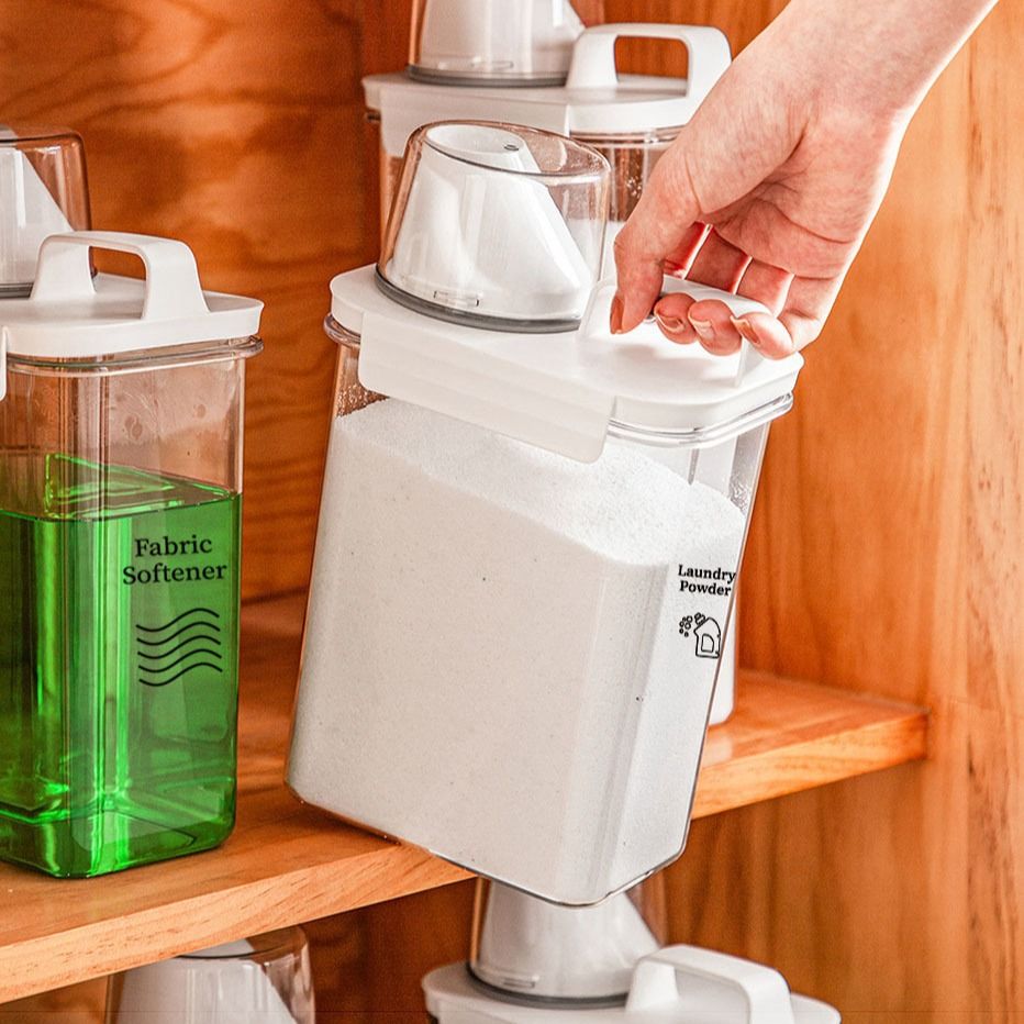 Acrylic Laundry Detergent Storage Container with Airtight Seal, 2300ml Capacity – Space-Saving Clear Bin with Measuring Cup for Organized and Efficient Laundry Room Use