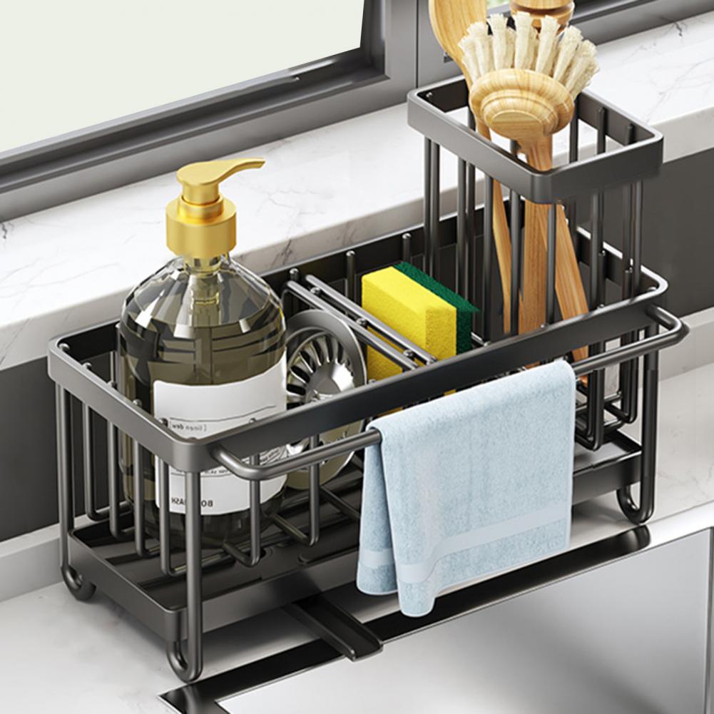 Multifunctional Carbon Steel Kitchen Sink Caddy Organizer with Towel Rail, Soap & Detergent Section, Brush Holder – Rust-Resistant and Space-Saving Design for Sinkside Use