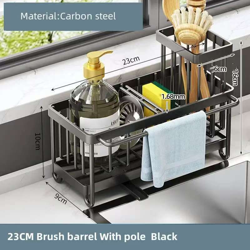 Multifunctional Carbon Steel Kitchen Sink Caddy Organizer with Towel Rail, Soap & Detergent Section, Brush Holder – Rust-Resistant and Space-Saving Design for Sinkside Use