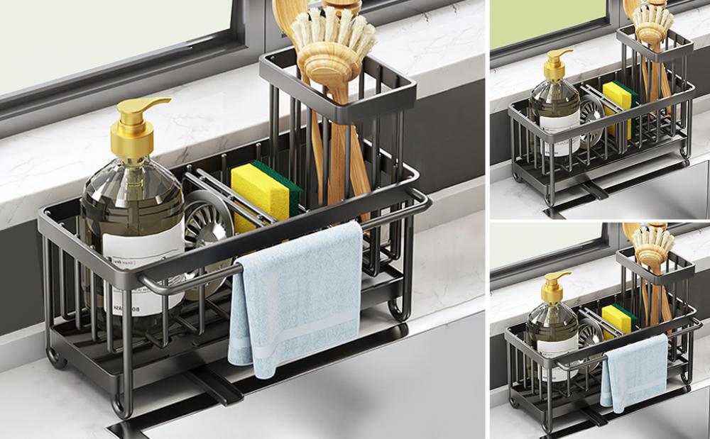 Multifunctional Carbon Steel Kitchen Sink Caddy Organizer with Towel Rail, Soap & Detergent Section, Brush Holder – Rust-Resistant and Space-Saving Design for Sinkside Use