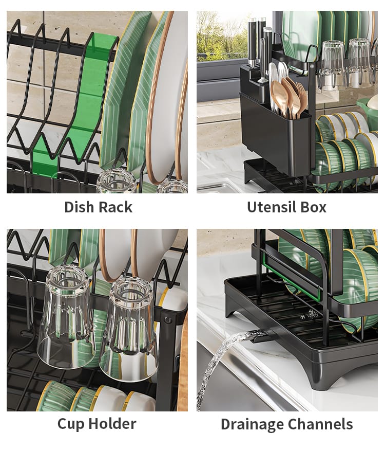 Classy 2-Tier Carbon Steel Dish Rack with Chopping Board Rack, Spoon Holder, Smooth Edges and Corners – Durable High-Quality Kitchen Drainer for Plates, Cups & Utensils