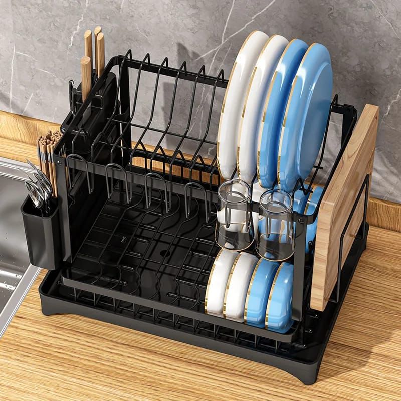 Classy 2-Tier Carbon Steel Dish Rack with Chopping Board Rack, Spoon Holder, Smooth Edges and Corners – Durable High-Quality Kitchen Drainer for Plates, Cups & Utensils
