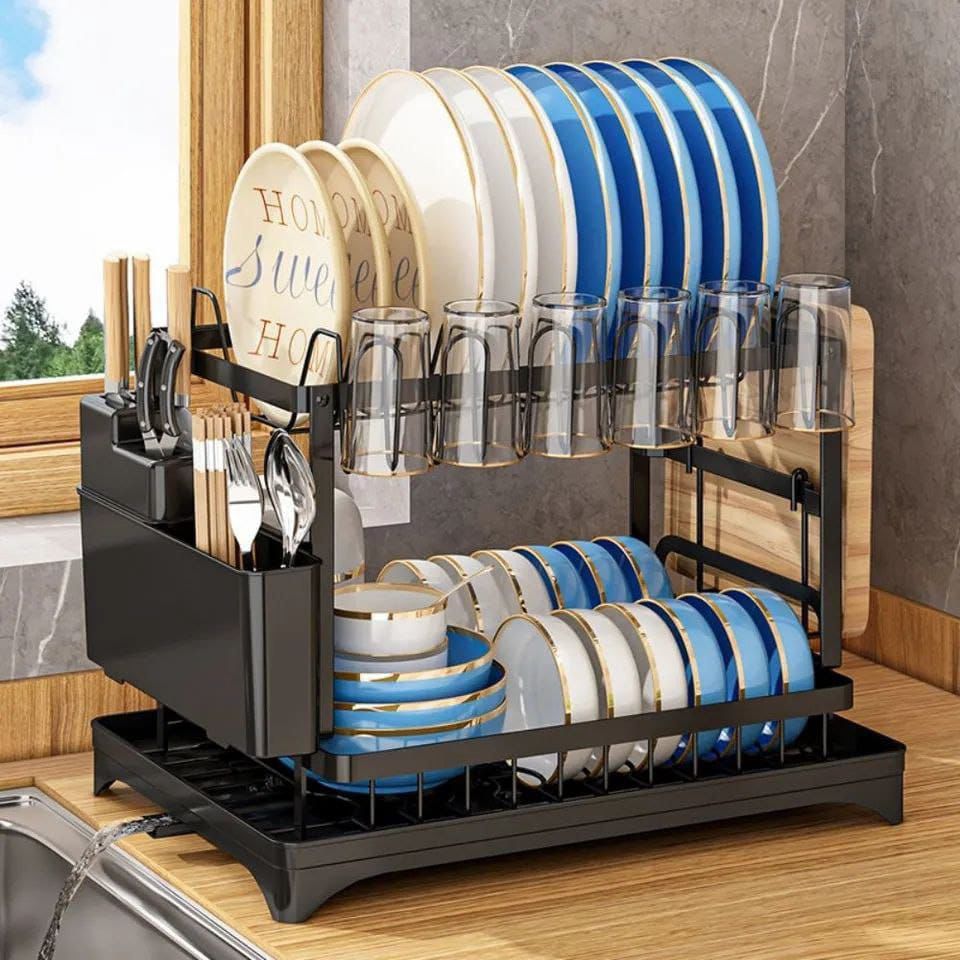 Classy 2-Tier Carbon Steel Dish Rack with Chopping Board Rack, Spoon Holder, Smooth Edges and Corners – Durable High-Quality Kitchen Drainer for Plates, Cups & Utensils