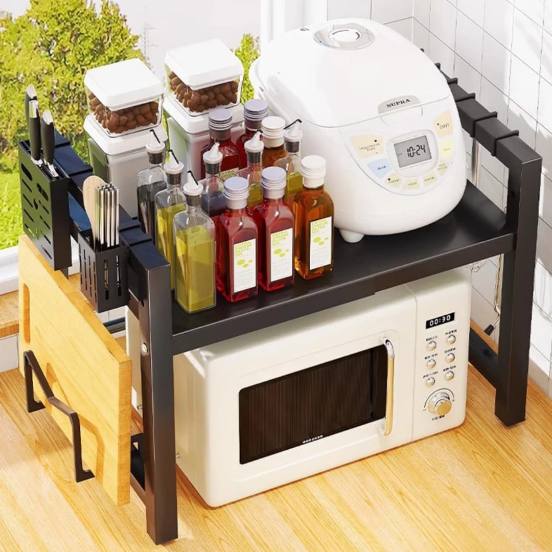Heavy-Duty Single Layer Adjustable Microwave Stand – Rust-Free Carbon Steel Shelf with Scratch-Resistant Finish for Kitchen Countertop, Oven, and Appliance Organization