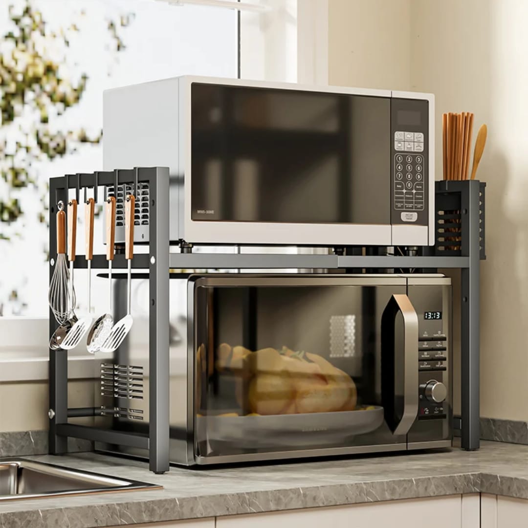 Heavy-Duty Single Layer Adjustable Microwave Stand – Rust-Free Carbon Steel Shelf with Scratch-Resistant Finish for Kitchen Countertop, Oven, and Appliance Organization