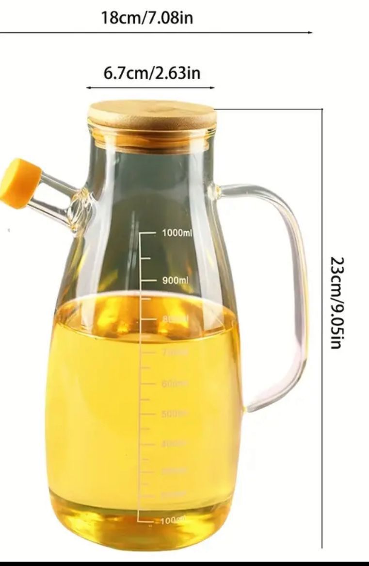 1L Borosilicate Glass Oil Dispenser with Handle and Bamboo Lid – Heat-Resistant Bottle for Cooking Oil, Vinegar, Sauce, Juice or Milk – Durable, Leakproof, and Stylish Kitchen Use