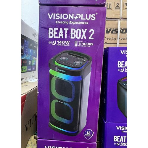 140 watts Vision plus beat box two vp6bb2  TWS Connect  – Pair two speakers for stereo sound  
✔ Dance Lights – Dynamic LED lighting effects  
✔ USB/AUX/FM Radio – Multiple playback options 
✔ 6-Hour