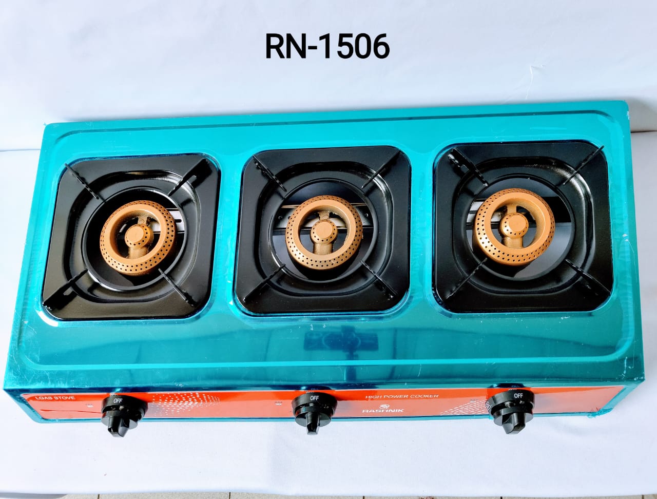 Rashnik Auto Ignition Table Top 3 Burners Gas Cooker.3 burners with auto ignition
Table top for easy cleaning
Low gas consumption for energy savings
Ergonomic knobs for easy operation
Removable drip t