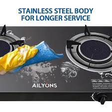 AILYONS GS005A-1, 2 Burner Glass Top Gas Cooker & Infrared Double Burner (1YR WRTY)