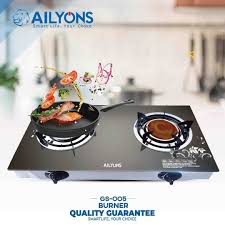 AILYONS GS005A-1, 2 Burner Glass Top Gas Cooker & Infrared Double Burner (1YR WRTY)