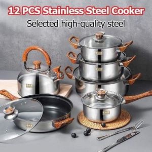 😎EXPERIENCE QUALITY 😎Yimeitai 12pcs Stainless Steel Heavy Nonstick Cookware Set-with pots,pans and kettle.Premium quality 18/10 stainless steel interior is non-porous, hygienic and will not interact