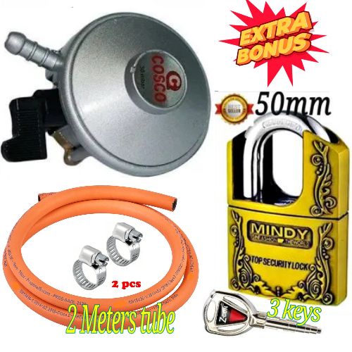 🎇Cosco Universal 13kg Gas Cylinder Regulator With Pipe 2 Meters & Safety Clips + Free 50mm Anti-Burglar 3 Keys padlock🎇High quality and durable, recommended for both home and commercial use. Locks t