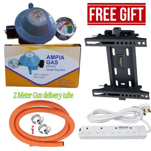 🎇Ampia High Quality Standard Universal 13kg Gas Cylinder Regulator with Childlock & measuring gauge + Free Safety Clips,2M delivery pipe & 15"-43" Wall Mount Bracket & 4 Way power extension cable🦋