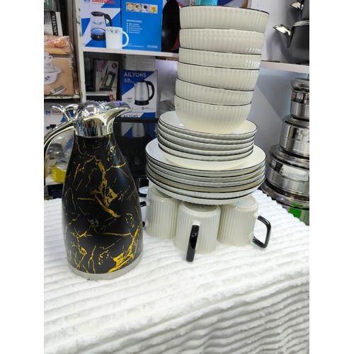 BEST DEAL EVER🎇Ceramic Dinner Set 25 Pcs – 6 Cups, 6 Plates, 6 Bowls, 6 Big Plates & 1 Flask☀️Crafted from high-quality, durable materials, each piece is designed for long-lasting use and easy cleani